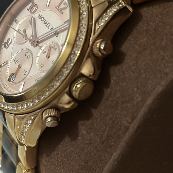 Michael Kors Watch-Yellow Gold Toned/Tortoise Band-Pink Face-Crystal Bezel-Box - Picture 6 of 17